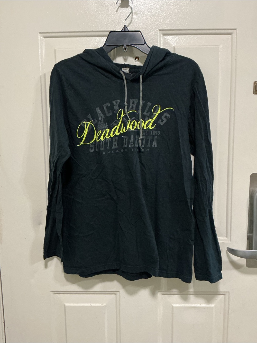 Anvil Black Hooded Long Sleeve Tee with Neon Yellow 'Deadwood' Script